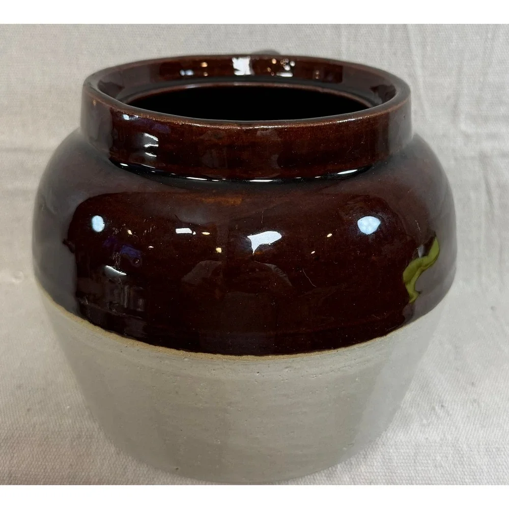 Vintage 2 Tone Stoneware Bean Pot Brown Cream Crock Star Mark 2 Farmhouse Decor